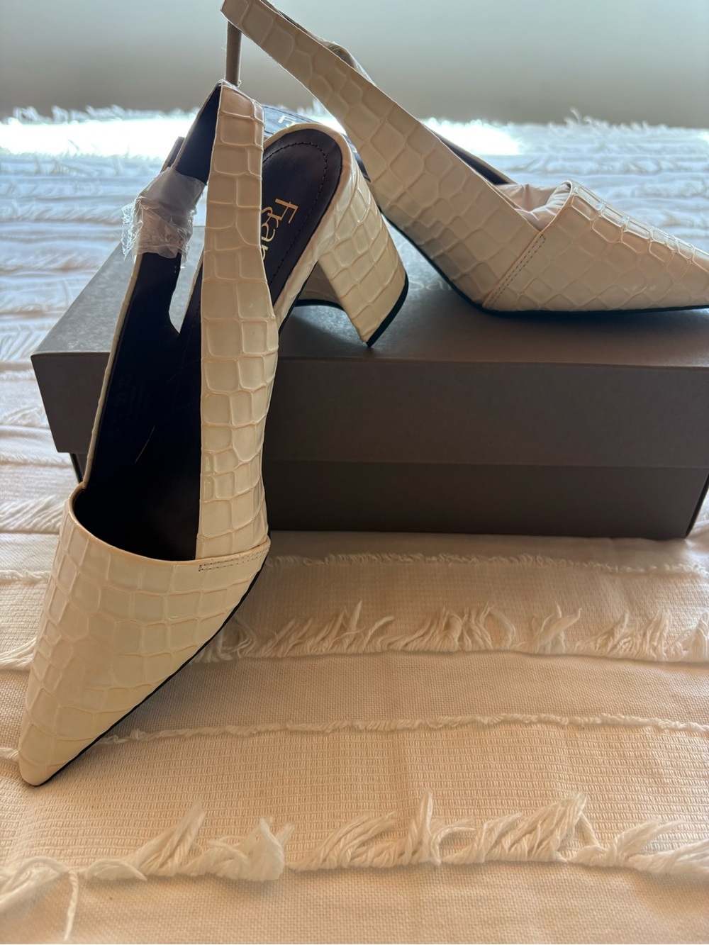 Franco Sarto Cream Croc-Embossed Pointed Slingback Block Heels